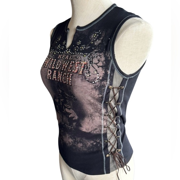 Y2K Made in USA Skinny Minnie Lace up Rhinestone Cowboy Graphic Tee size Medium - Picture 5 of 14